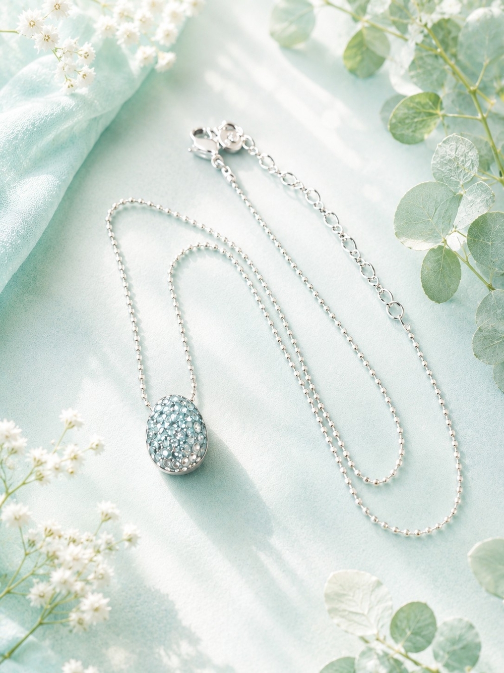 Sterling Silver Pendant Necklace with Aqua Crystal Pavé